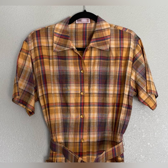 Vintage DAKS London Mustard Yellow Plaid Dress Medium - Picture 2 of 13